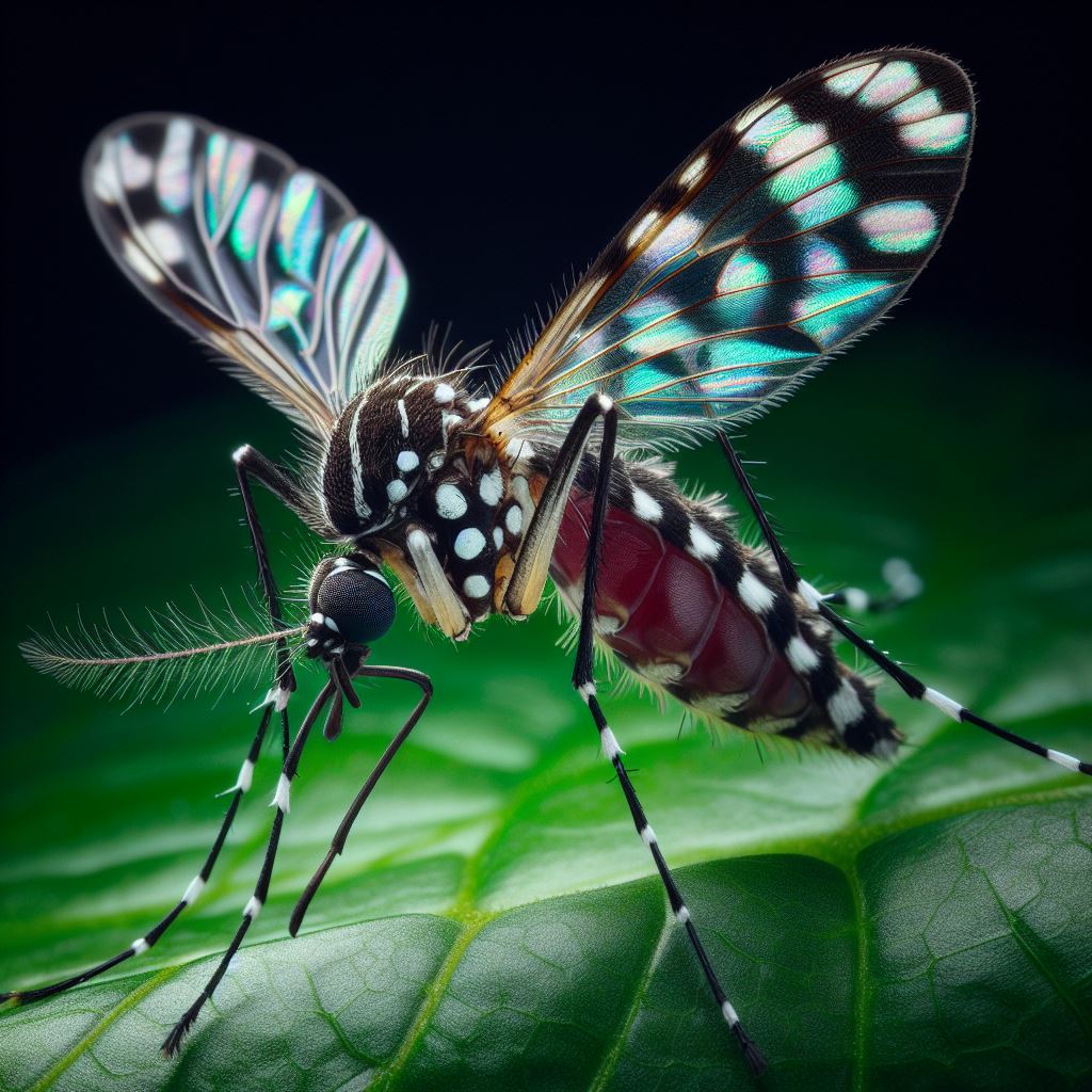 Un mosquito Aedes Aegypti sobre una hoja. Imagen generada por IA.