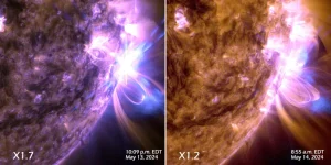 Imágenes reales de la llamarada solar "bengala X8.7". Fuente: nasa.gov.