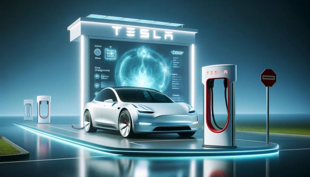 Un vehículo eléctrico de marca Tesla recargando sus baterías. Representación artística generada por IA.