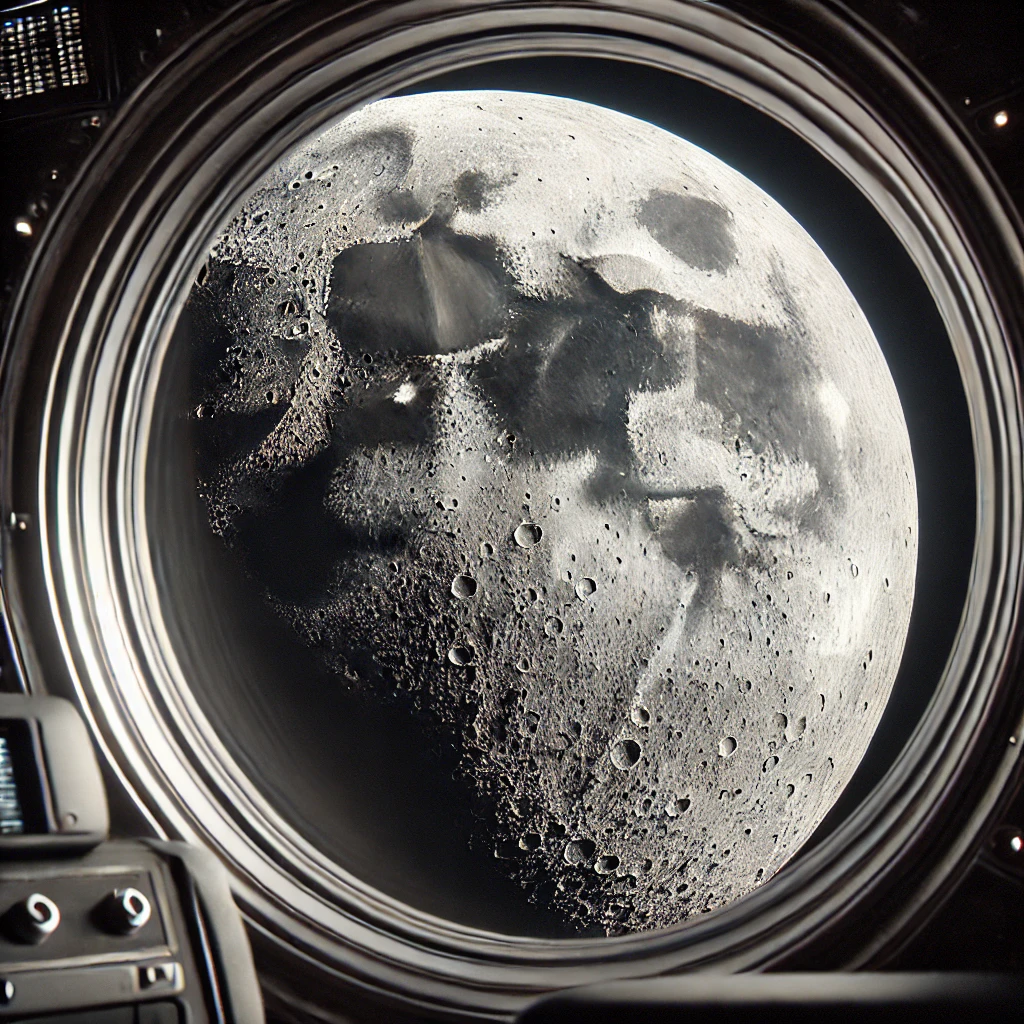 La luna vista desde la ventana de una nave espacial que la orbita. Imagen generada por IA.