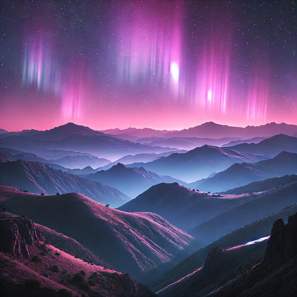 Representación artística generada por IA de una aurora boreal iluminando las montañas de la comarca de El Bierzo.