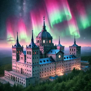 Representación artística generada por IA de una aurora boreal sobre el monasterio del Escorial de Madrid.