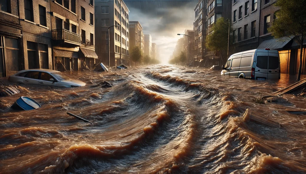 Recreación generada por IA de calles inundadas y devastadas por la riada y la tormenta.