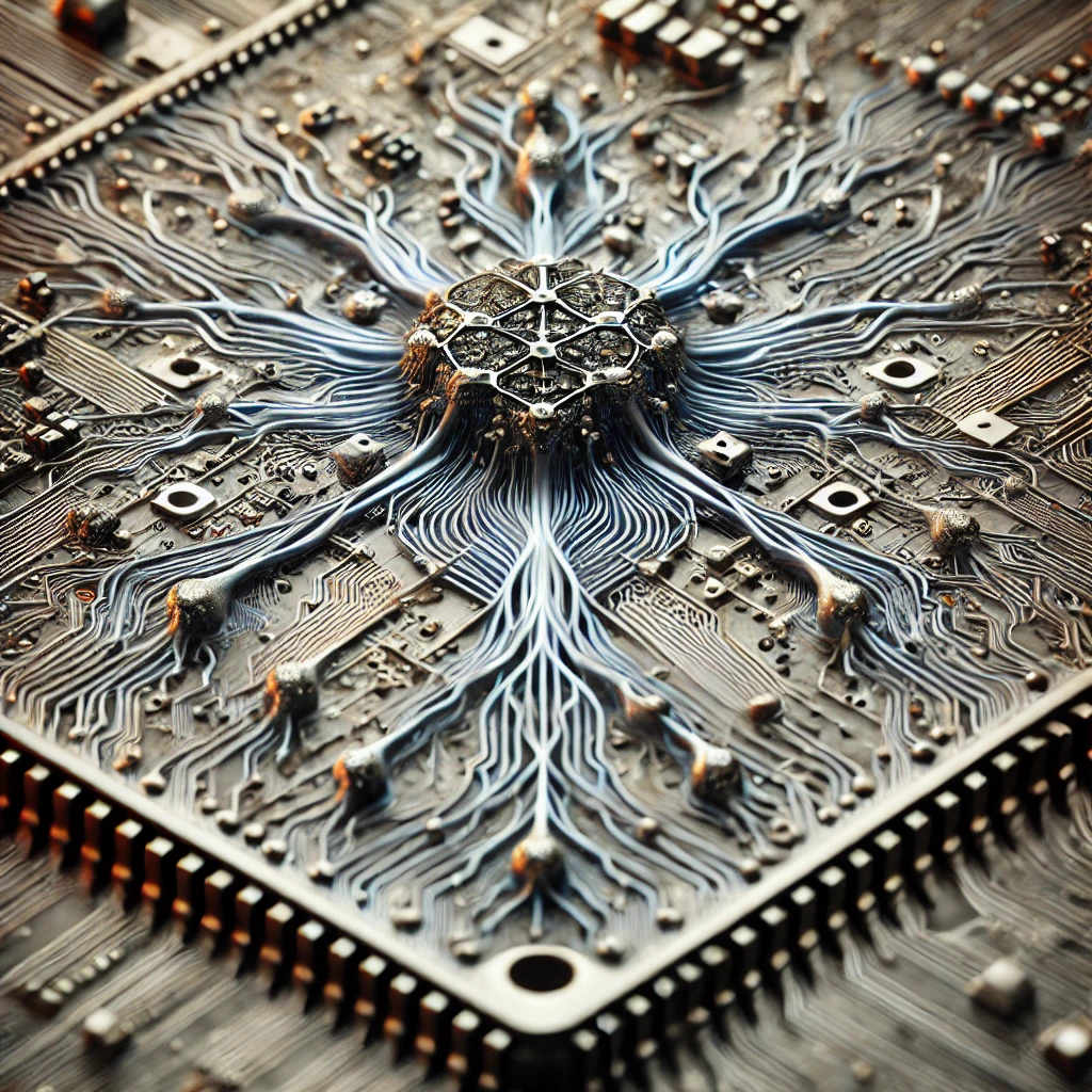 Representación artística generada por IA de un chip neuromórfico.