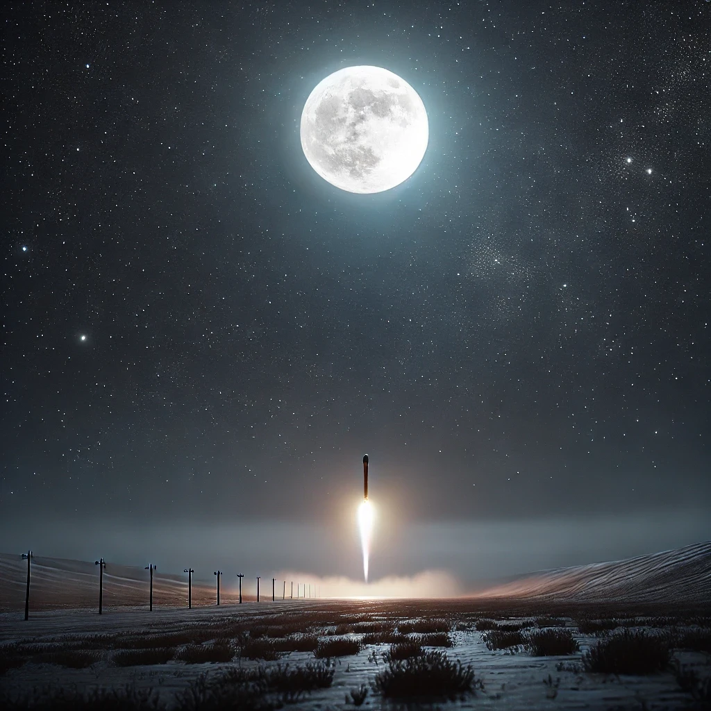 Cohete espacial despegando bajo la luna llena nocturna. Imagen generada por IA.