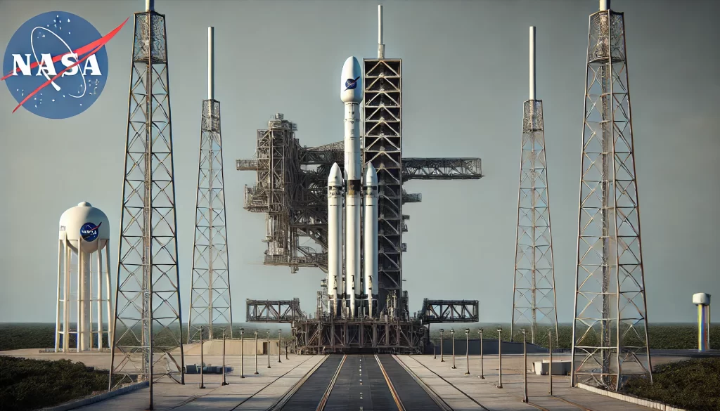 El cohete Falcon Heavy esperando en su plataforma de lanzamiento. Imagen generada por IA.