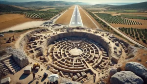 Representación artística generada por IA de la estructura descubierta cerca del aeropuerto de Creta.