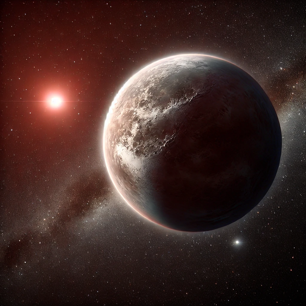 Pequeño exoplaneta en la estrella solitaria más cercana, llamada Barnard. Representación artística generada por IA.