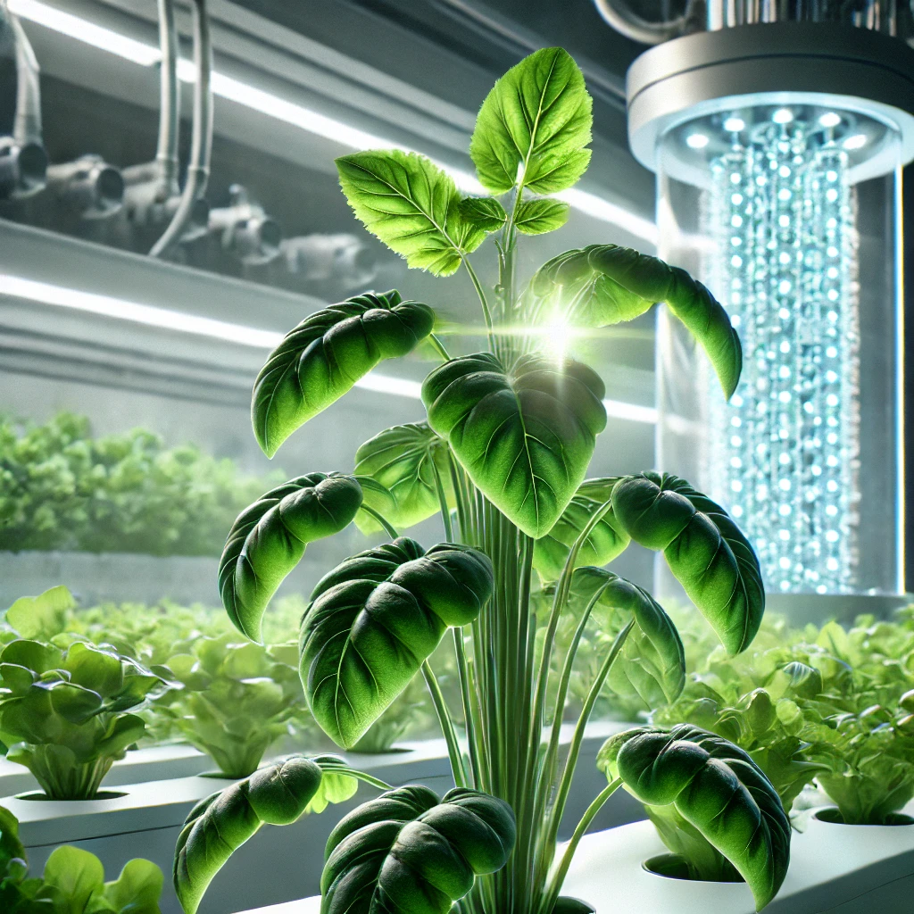 Representación artística de un sistema hidropónico futurista con plantas bioingenierizadas.