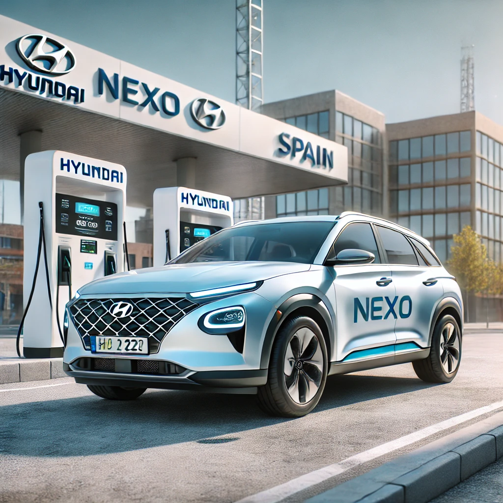 Representación artística de un Hyundai Nexo de Hidrógeno repostando en un surtidor de H2. Imagen generada por IA.