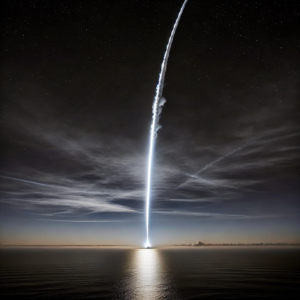 Lanzamiento de cohete espacial con su estela visto desde la distancia. Imagen generada por IA.