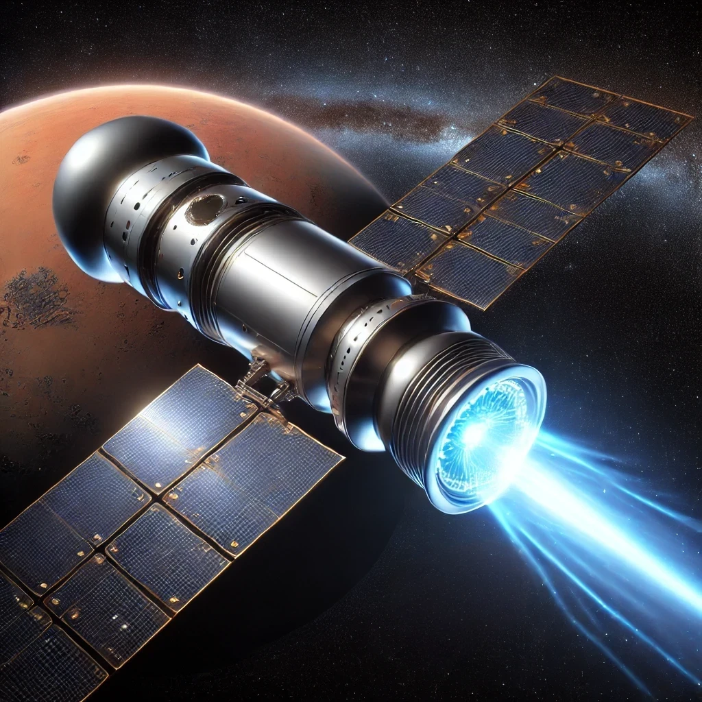 Representación artística generada por IA de una nave espacial llegando a Marte impulsada por un cohete de plasma.