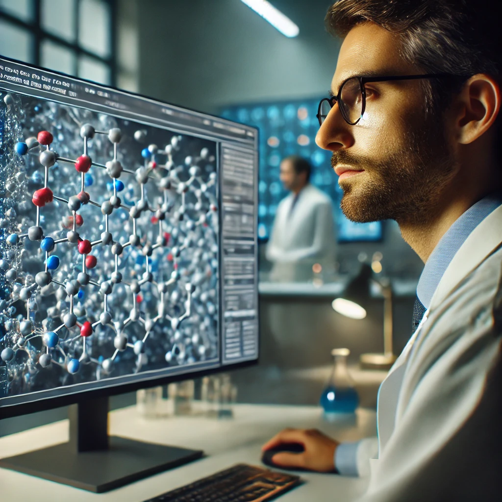 Recreación generada por IA de un investigador científico utilizando computación cuántica asistida por IA.