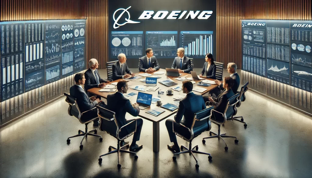 Recreación generada por IA de una reunión del consejo directivo de Boeing para tratar el caso.