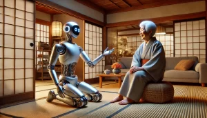 Robot "familiar" asistiendo a familia Japonesa. Recreación generada por IA.