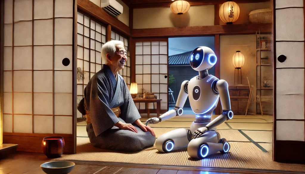 Robot "familiar" asistiendo a familia Japonesa. Representación artística generada por IA.