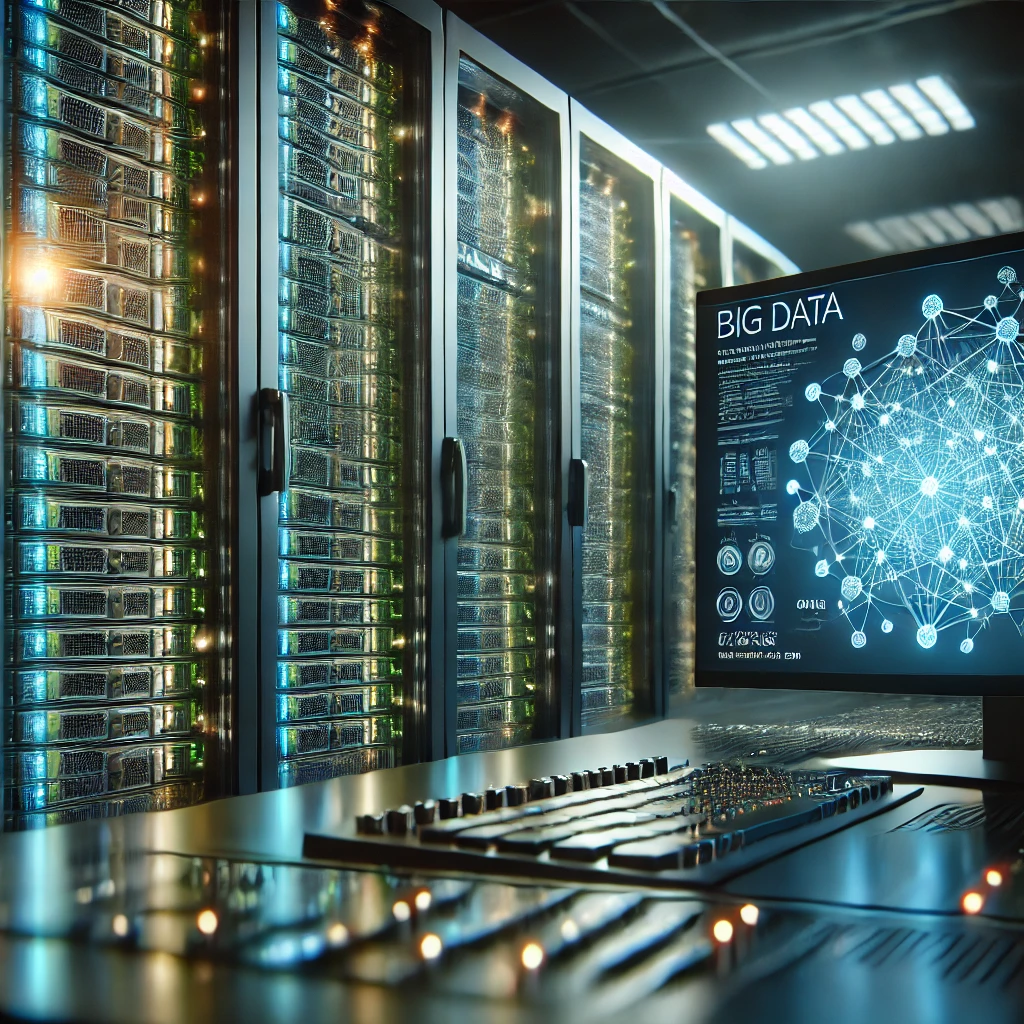 Representación artística generada por IA de una sala de servidores de datos y el uso de Big Data.