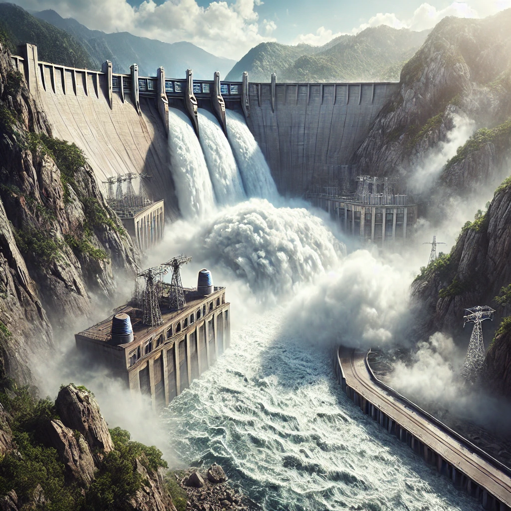 Salto de agua de una gran central hidroeléctrica china. Imagen generada por IA.