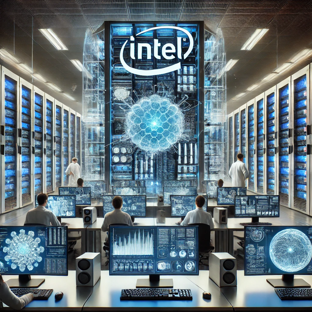 Representación artística generada por IA de un superordenador de Intel dedicado a un modelo científico de IA.