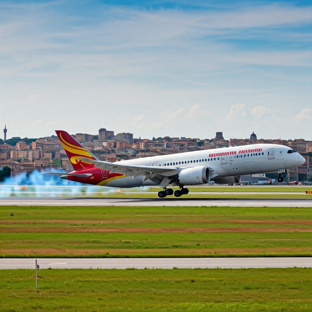 Recreación generada por IA del Boeing 787 de Hainan Airlines volviendo a aterrizar en Roma tras el problema