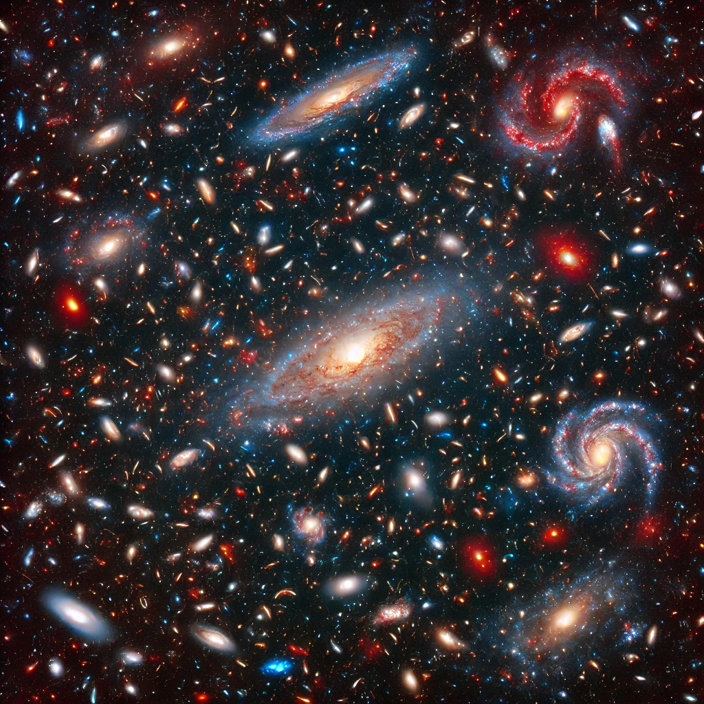 Recreación generada por IA de la vista de campo profundo: una mirada al universo distante, donde miles de galaxias de diferentes formas y colores revelan la inmensidad y diversidad del cosmos.