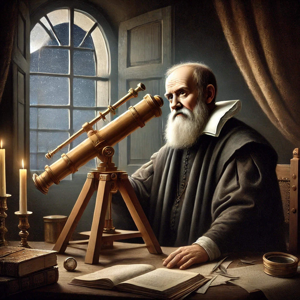 Representación artística generada por IA de Galileo Galilei con su preciado invento: el primer telescopio