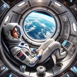 Representación artística generada por IA de la astronauta Emily Calandrelli en una nave espacial en órbita terrestre