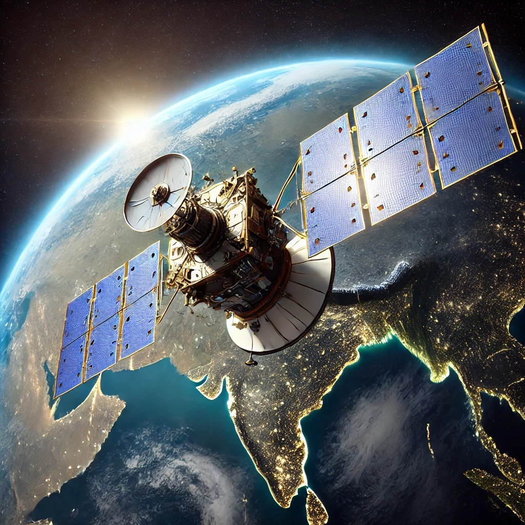 Representación artística generada por IA del satélite GSAT-N2 volando sobre India durante su vuelo orbital