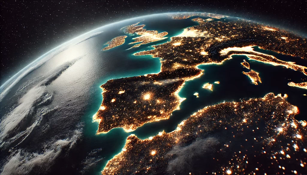 Recreación generada por IA de España vista desde el espacio durante la noche