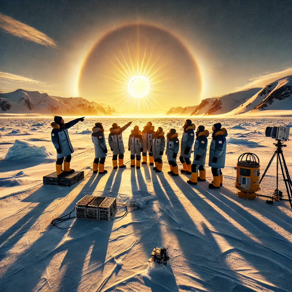 Representación artística generada por IA de una expedición viendo el sol de medianoche en la Antártida