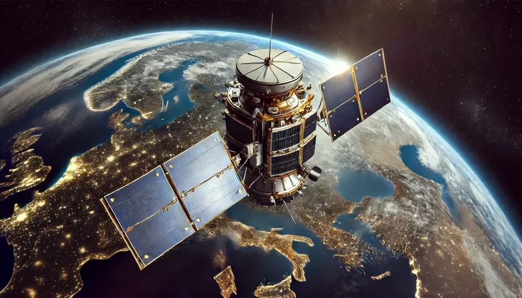 Representación artística generada por IA de un satélite de GPS sobre Europa