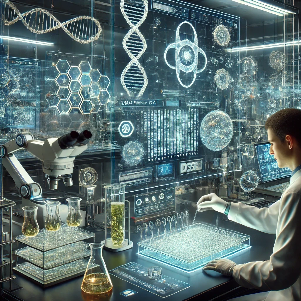 Representación artística generada por IA de un moderno laboratorio de biotecnología