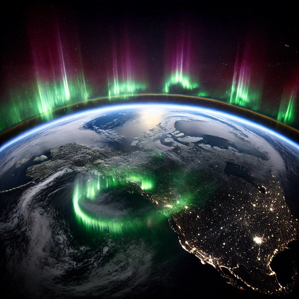 Recreación generada por IA de nuestro planeta visto desde el espacio durante una tormenta solar con fuertes auroras